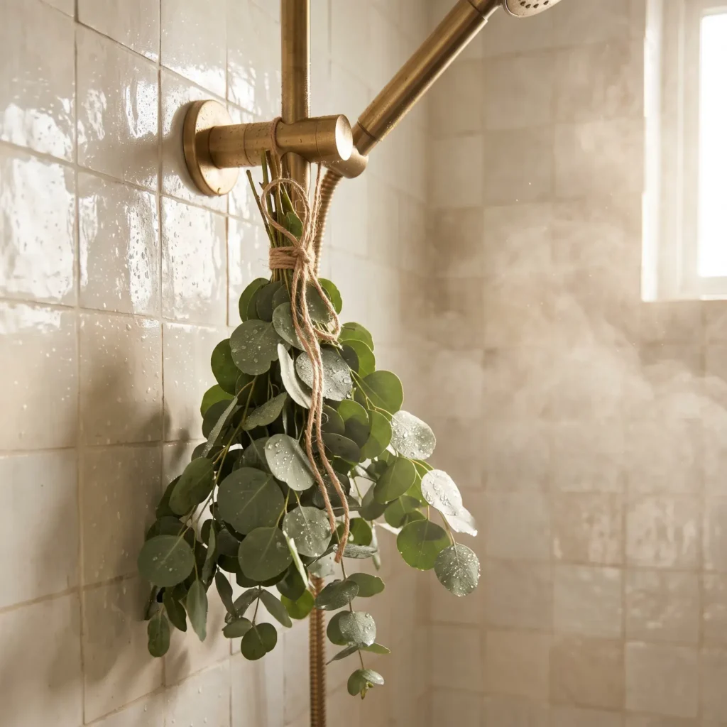 Fresh eucalyptus bundle hanging behind a brass showerhead with warm steam rising.
