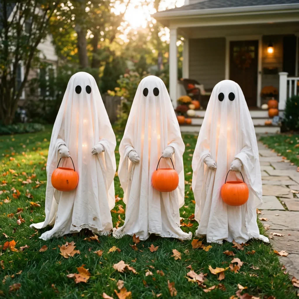 Three illuminated DIY sheet ghosts made from tomato cages standing on a front lawn.