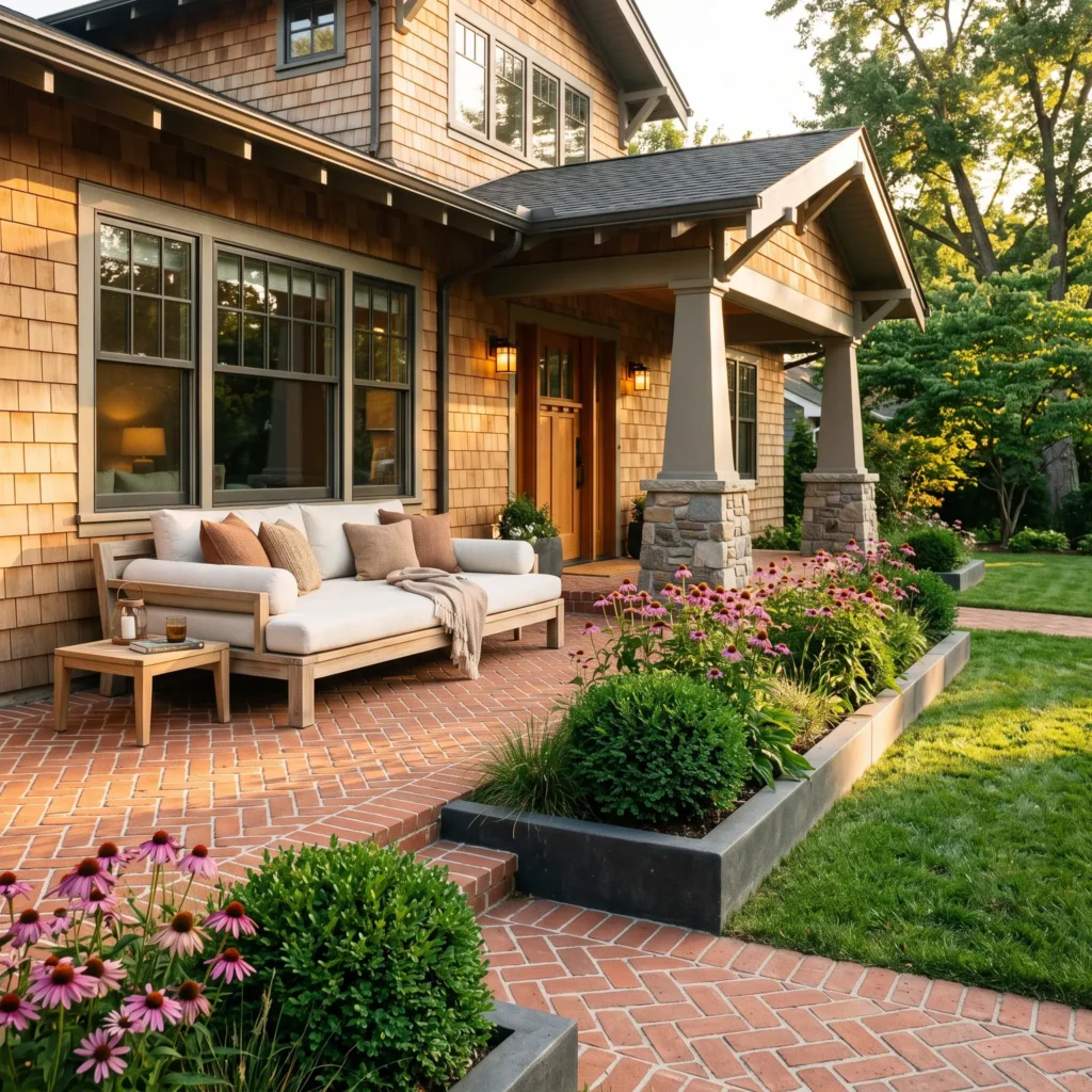 Front yard social patio featuring herringbone brick pavers, a teak daybed, and built-in landscape planter boxes.