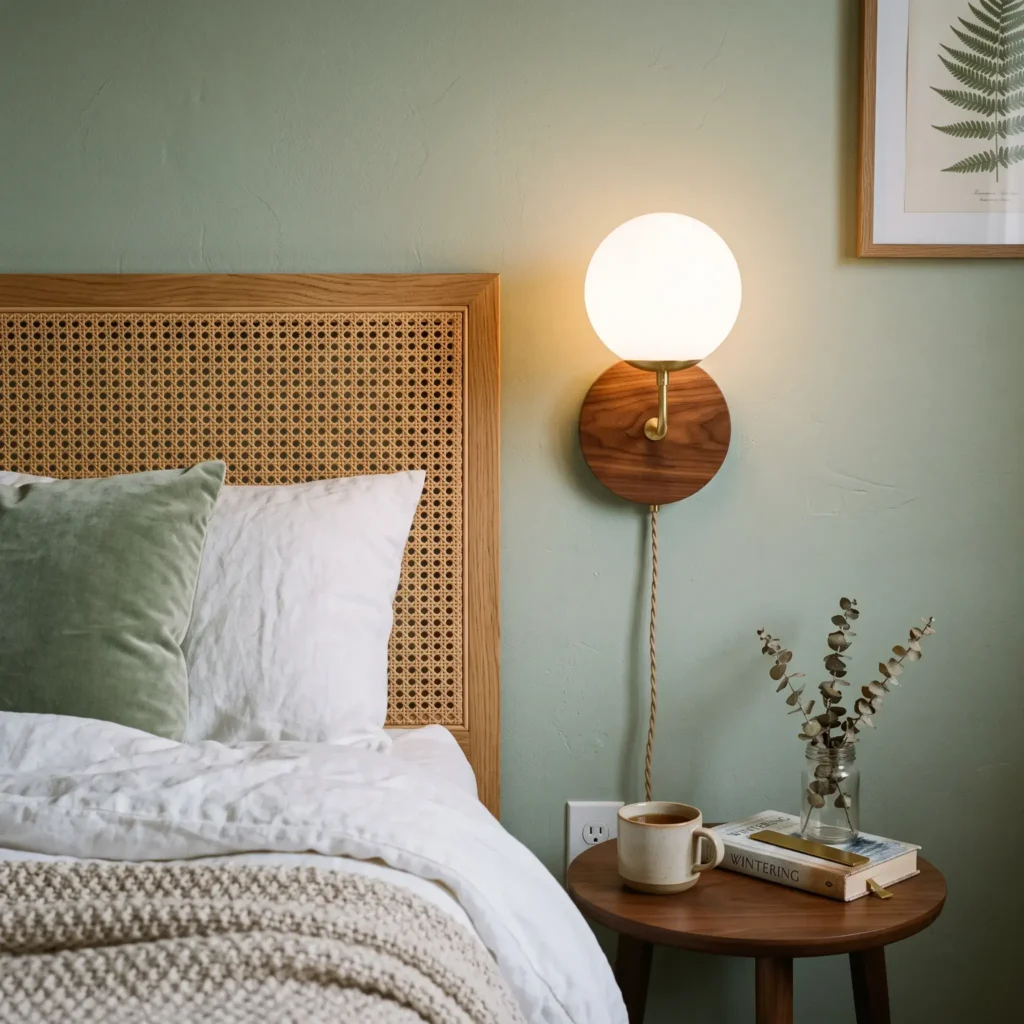 Frosted opal glass globe plug-in sconce with walnut backplate mounted on a sage green wall.