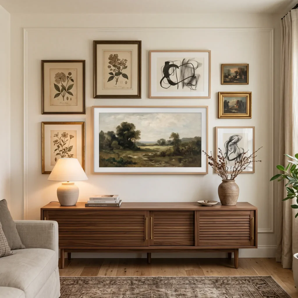 Living room gallery wall integrating a frame TV surrounded by vintage and modern art prints.