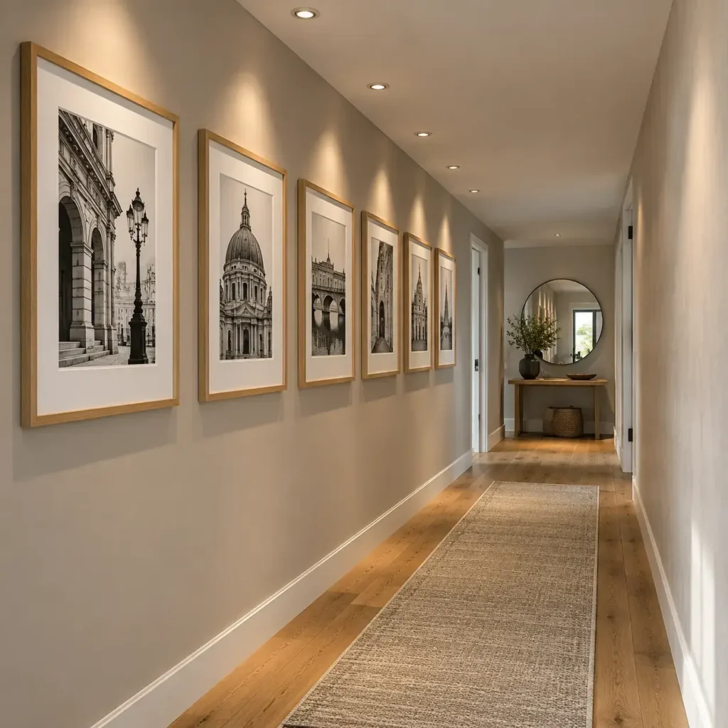 Straight residential hallway displaying a curated gallery wall of matching oak picture frames with directional spotlights.