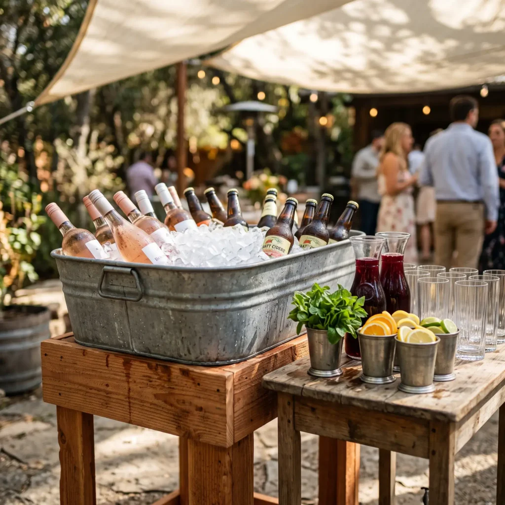 Galvanized metal trough filled with crushed ice, chilled wine bottles, and fresh mint cocktail garnishes.
