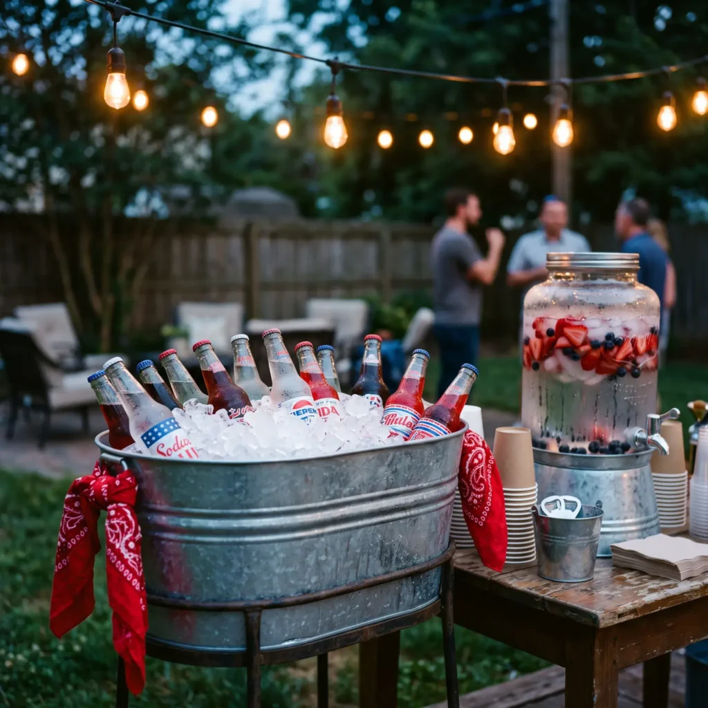 Backyard party drink station with a galvanized tub filled with ice and glass soda bottles, decorated with bandanas and hanging Edison lights.