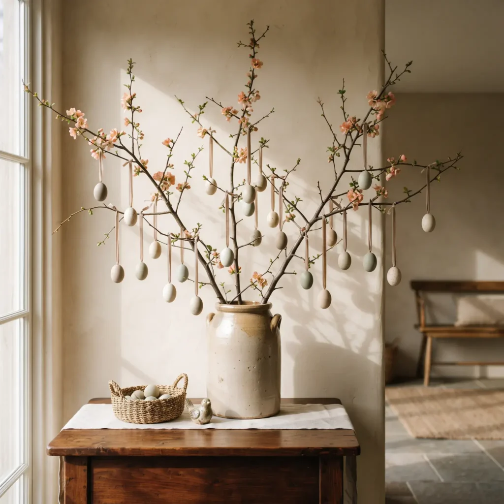 Tall flowering quince branches in an antique stoneware crock displaying hanging neutral velvet ribbon eggs on an entryway console.