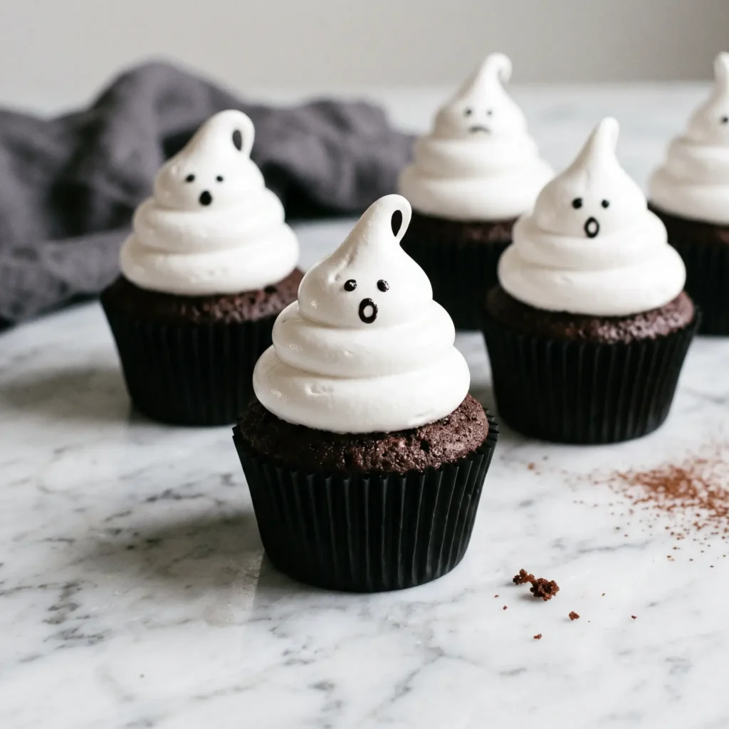 Dark chocolate cupcakes topped with tall white meringue ghosts with painted black eyes and mouths.