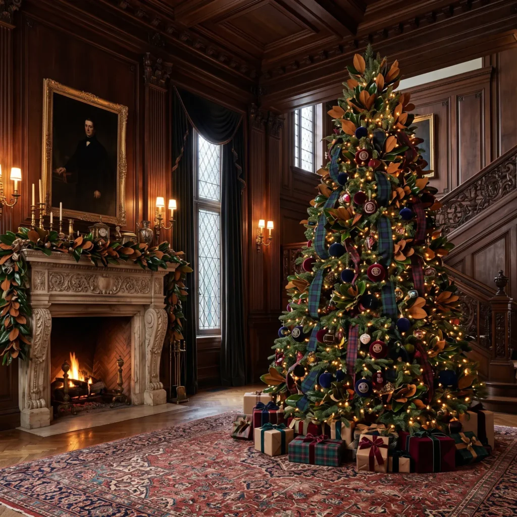 Grand Gilded Age Ralph Lauren Christmas tree featuring glossy magnolia leaves and gold wax seal ornaments.