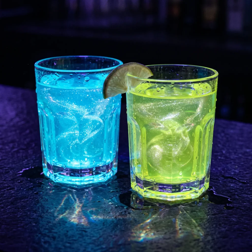 Two glowing mocktail drinks glowing vibrant blue and neon green under blacklight illumination