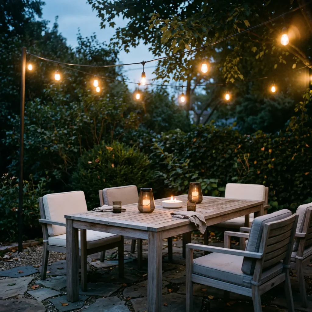 Backyard patio setting at dusk with warm glowing string lights, wood dining table, and solar lanterns on outdoor side tables.
