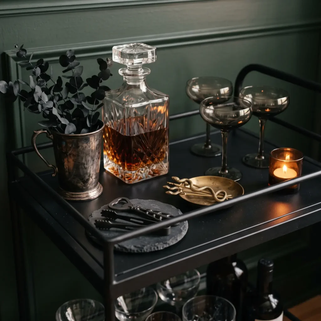 Black metal bar cart styled with vintage crystal decanters, smoked glassware, brass snake cocktail picks, and black eucalyptus.