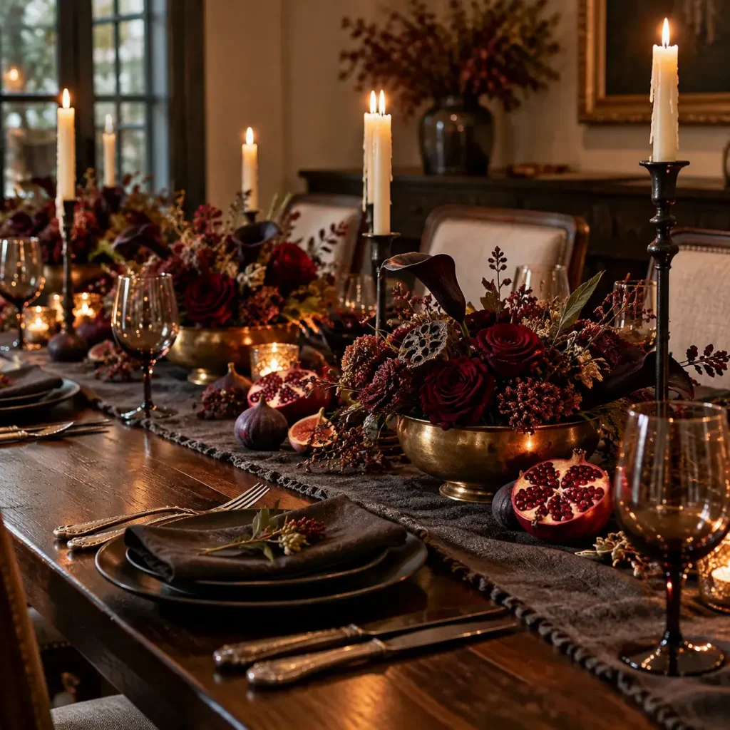 Moody Halloween dining tablescape with dark linen, split pomegranates, black dinnerware, and taper candles.