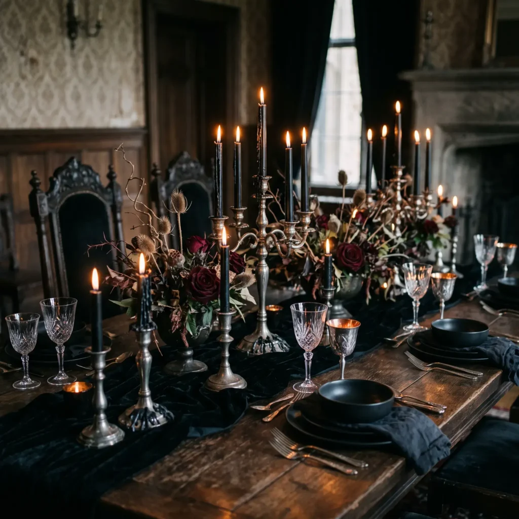 Candlelit gothic Halloween dinner table set with black velvet, silver candelabras, and dark red florals.