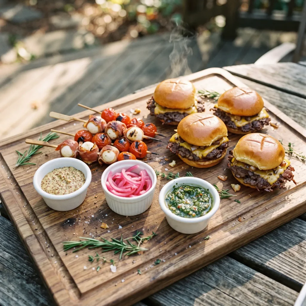 Large wooden butcher block topped with brioche beef sliders, prosciutto skewers, and pickled toppings.