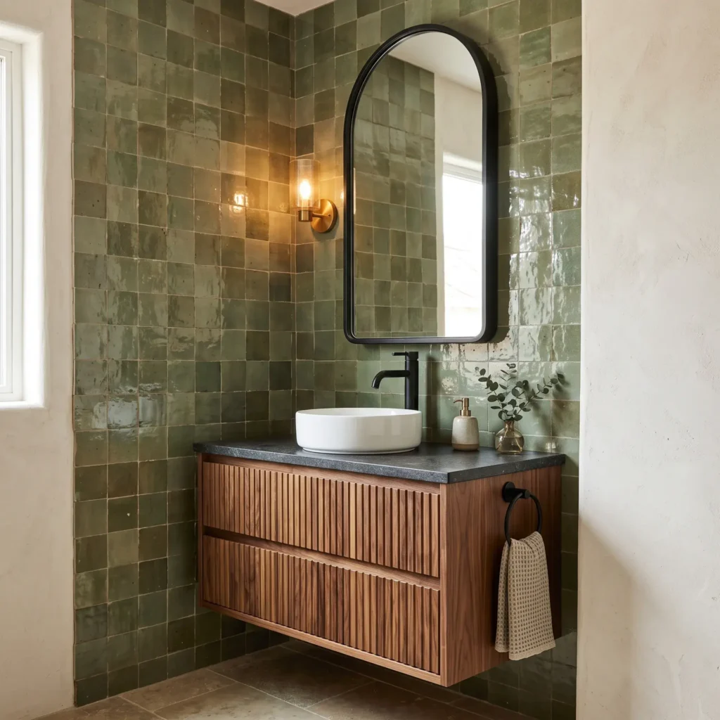 Glossy green zellige tile accent wall behind a floating fluted walnut vanity.