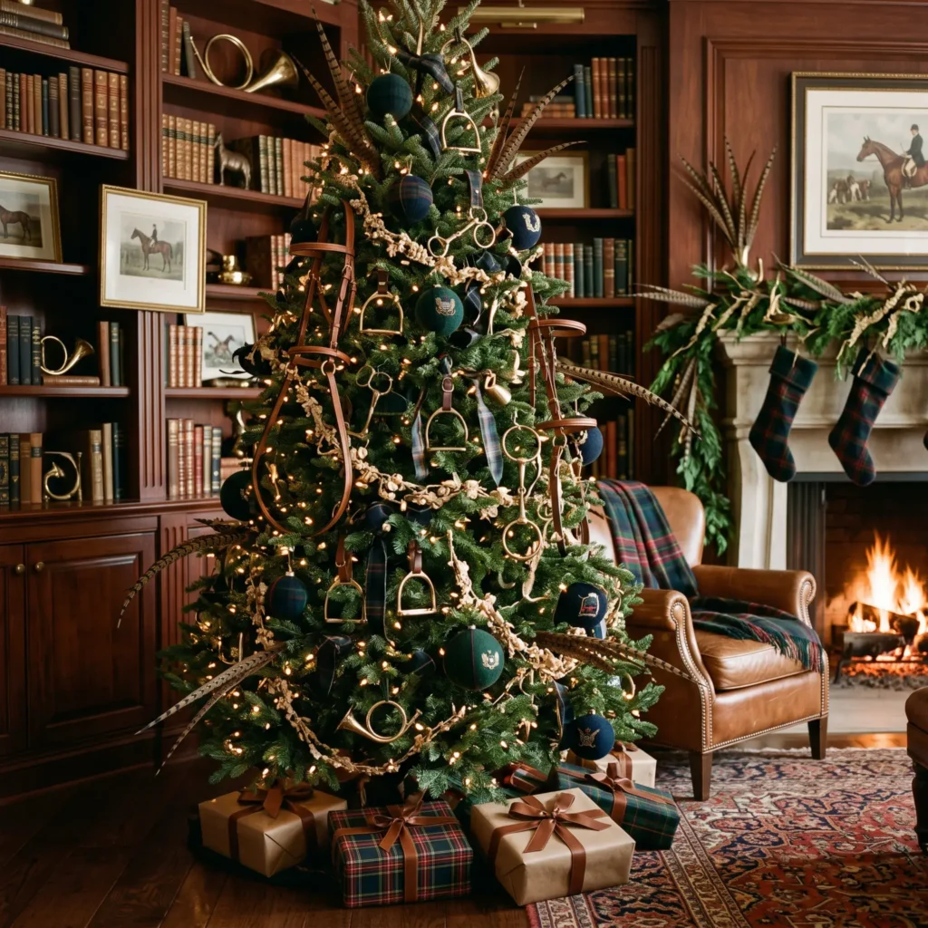 Equestrian themed Ralph Lauren Christmas tree with cognac leather straps and polished brass stirrups.