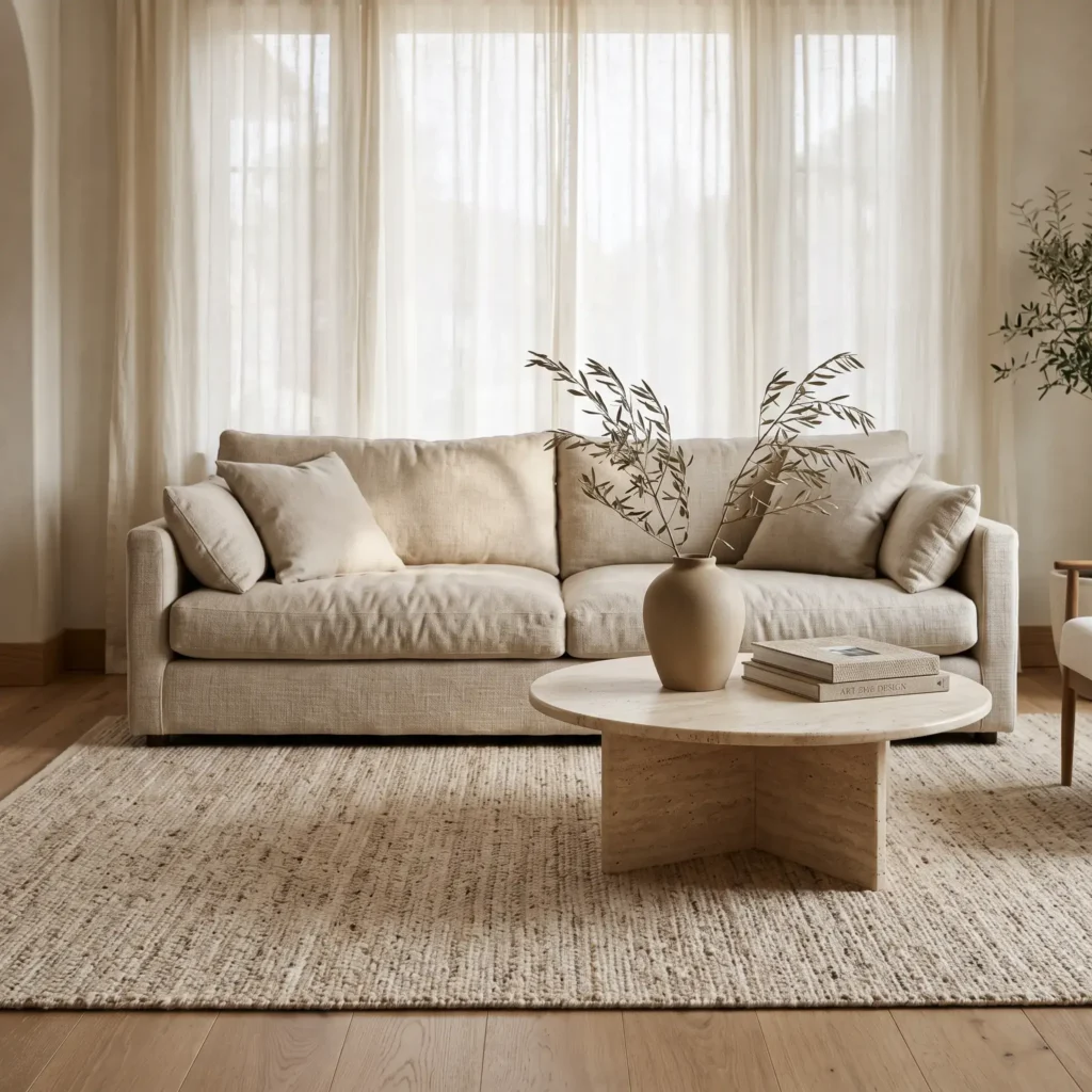 Low profile cream linen sofa on an eight by ten jute rug with a round travertine coffee table and warm sunlight.