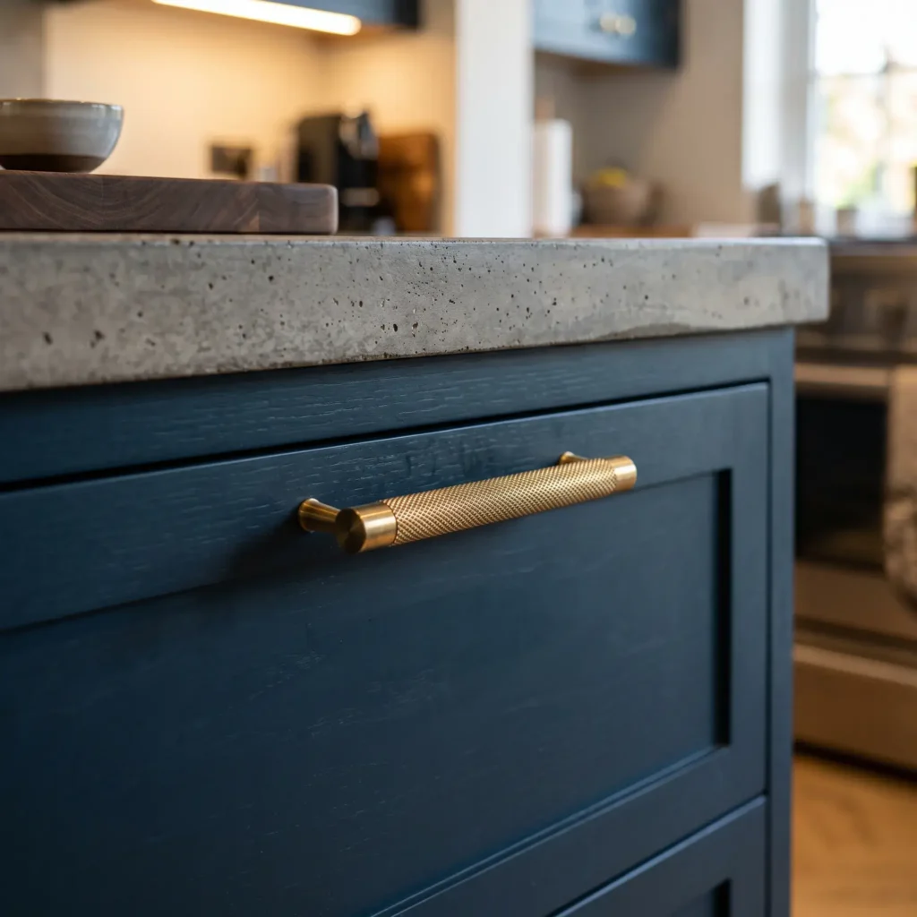 Farrow and Ball Hague Blue cabinets fitted with Buster and Punch diamond knurled brass handles.
