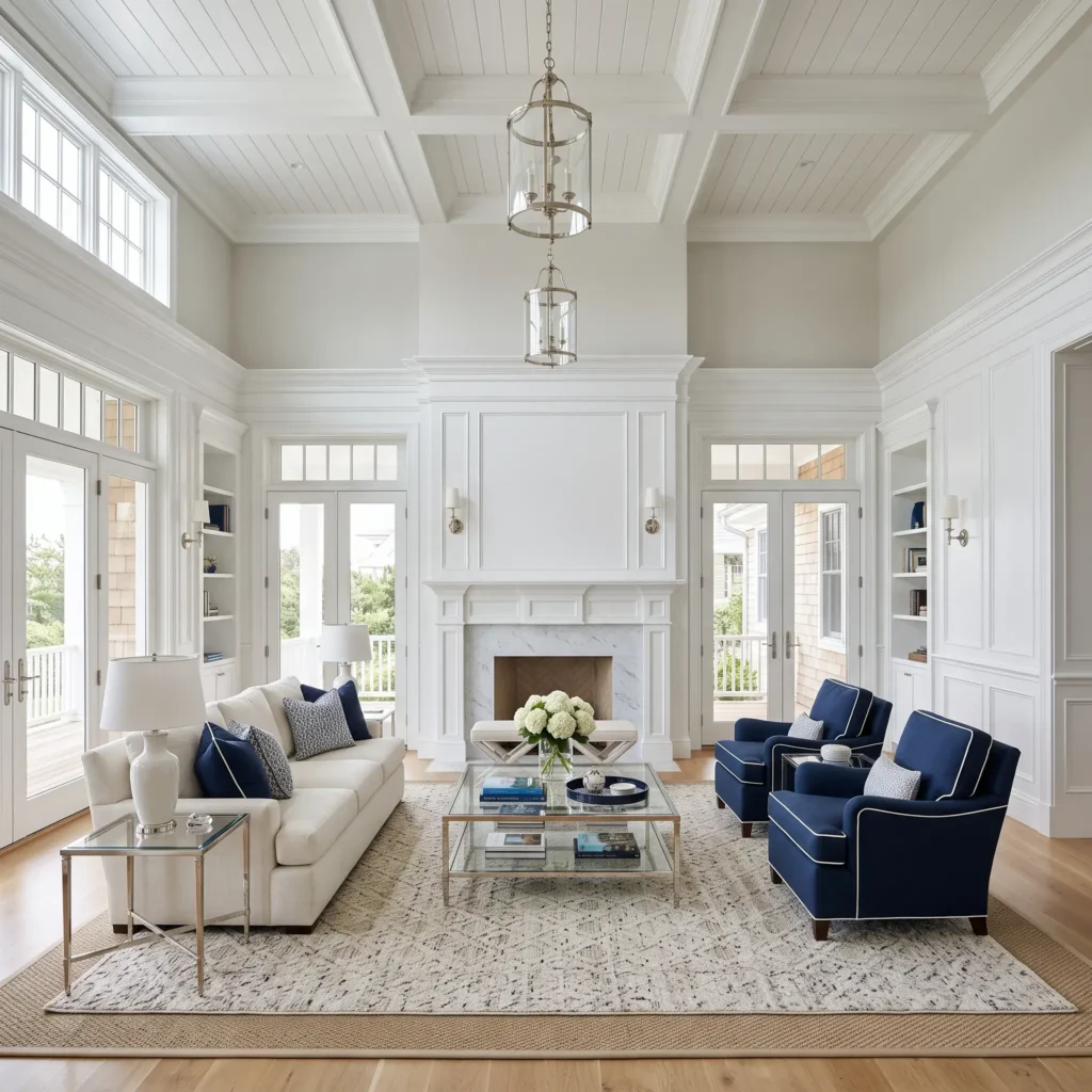Hamptons style coastal living room featuring coffered ceilings, wall wainscoting, and navy armchairs with white piping.