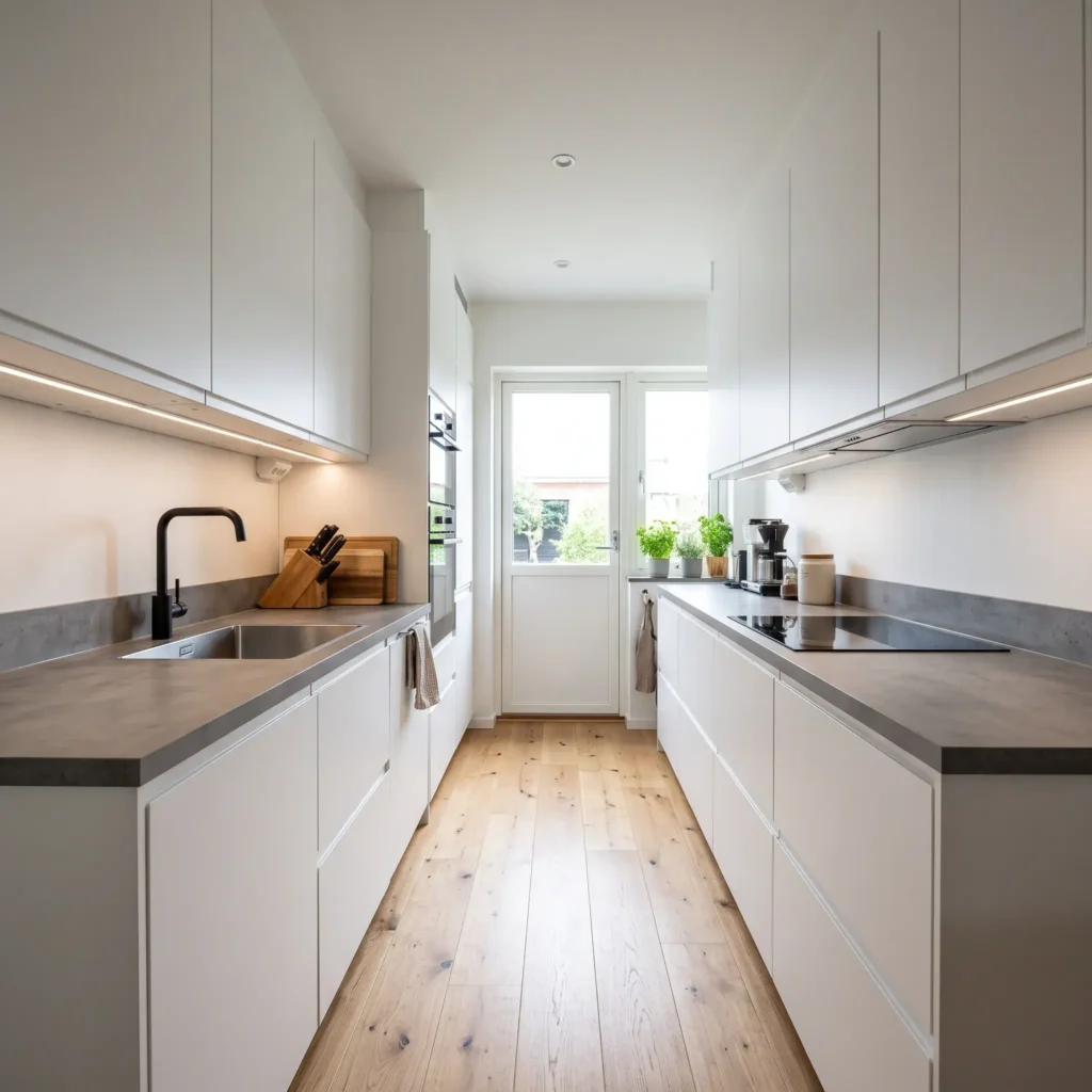 Narrow galley kitchen featuring white handleless IKEA VOXTORP cabinets and concrete-effect countertops.
