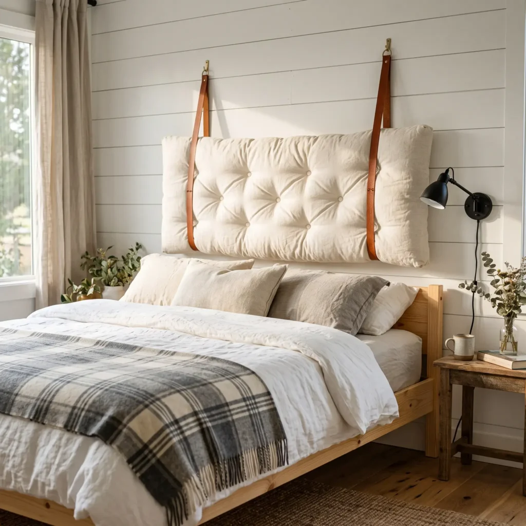 Tufted cream linen bench cushion suspended by brown leather straps on wall hooks behind a bed.