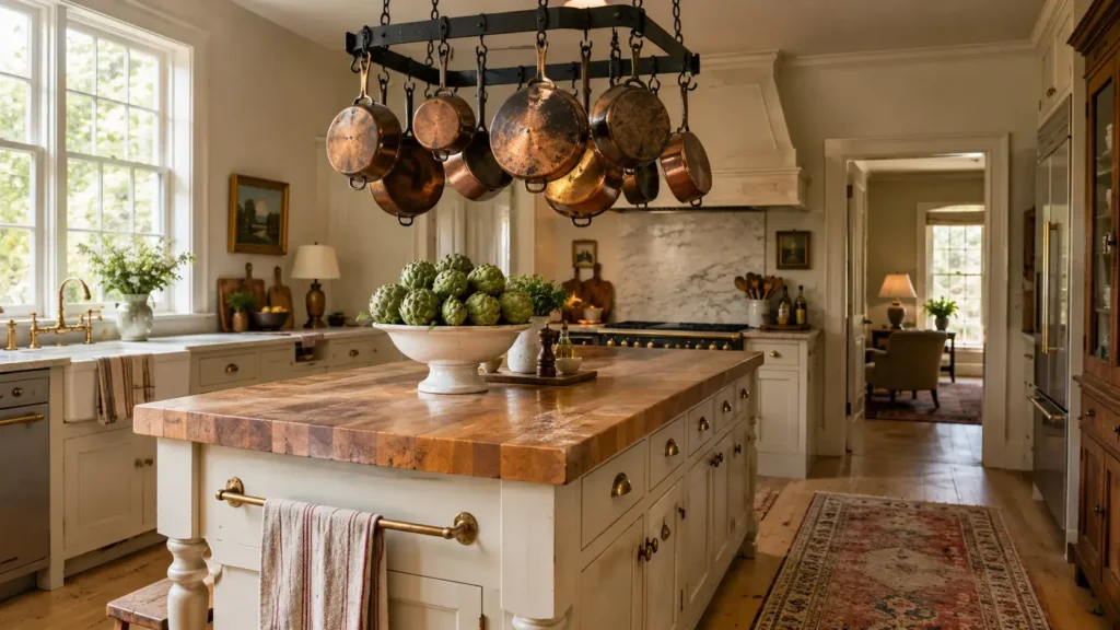 Wrought-iron ceiling pot rack holding vintage copper pans above a wooden butcher block kitchen island.