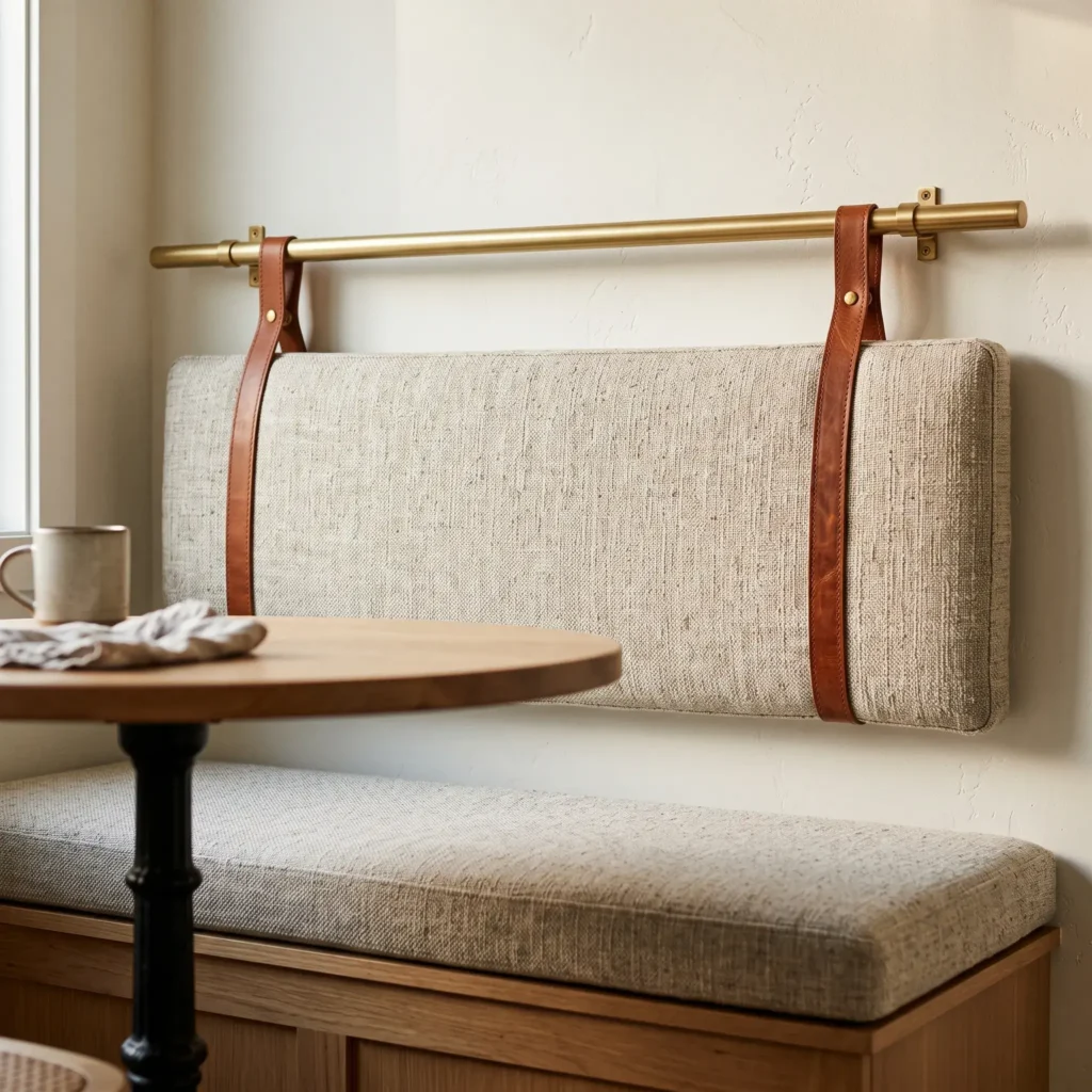 Custom banquette bench with wall-mounted leather straps holding a tailored backrest cushion on a brass rod.