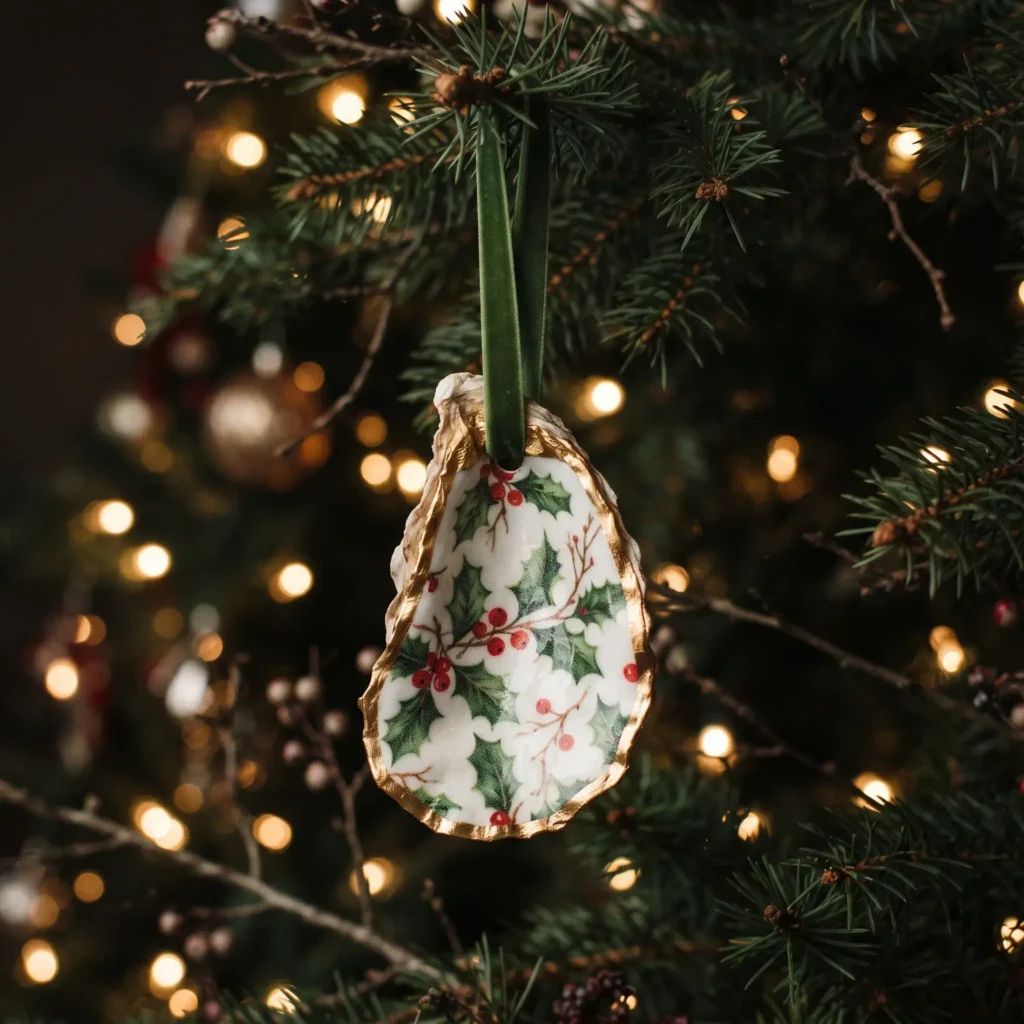 Decoupage oyster shell holiday ornament hanging from a pine branch with a dark green velvet ribbon.