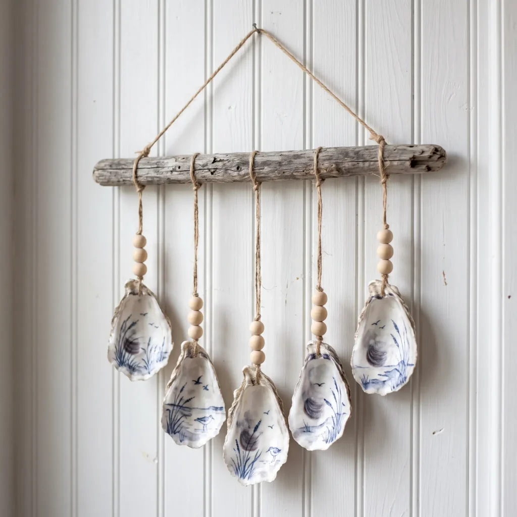 Coastal wall hanging made from a driftwood branch and five decoupaged oyster shells suspended with jute cord and wooden beads.