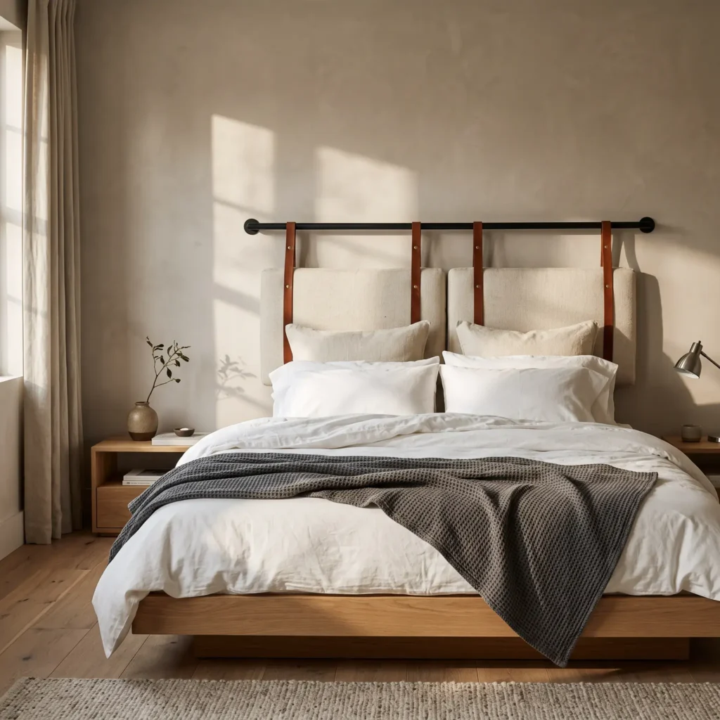  Queen bed with ivory linen cushions hanging from a matte black metal rod by cognac leather straps.