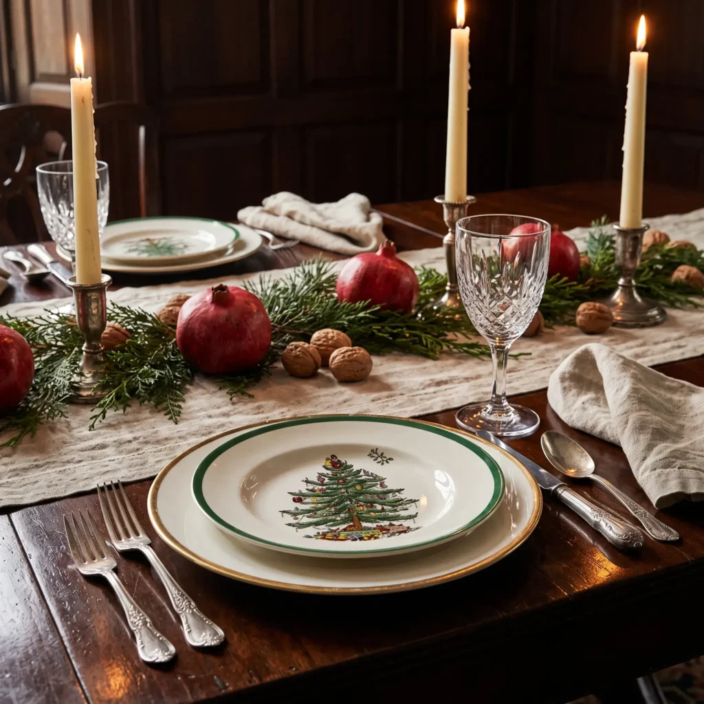 Formal holiday dining table set with an antique linen runner, Spode china, real silver flatware, and low cedar greenery with fruit.