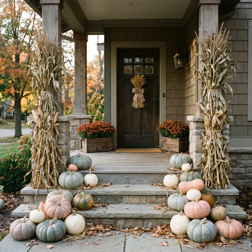  Heirloom Cinderella and slate blue pumpkins arranged on front porch steps with tall cornstalk bundles.
