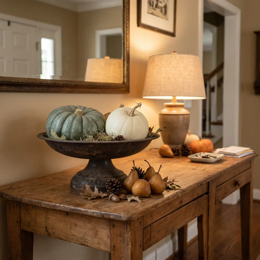 Earthy fall credenza display featuring real slate-blue Jarrahdale and white Lumina heirloom pumpkins in a rustic iron bowl.
