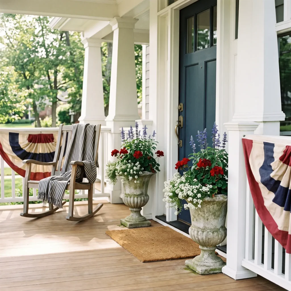 Covered front porch styled with pleated cotton patriotic bunting, blue salvia and red geranium planters, and a teak rocking chair with a ticking stripe throw.