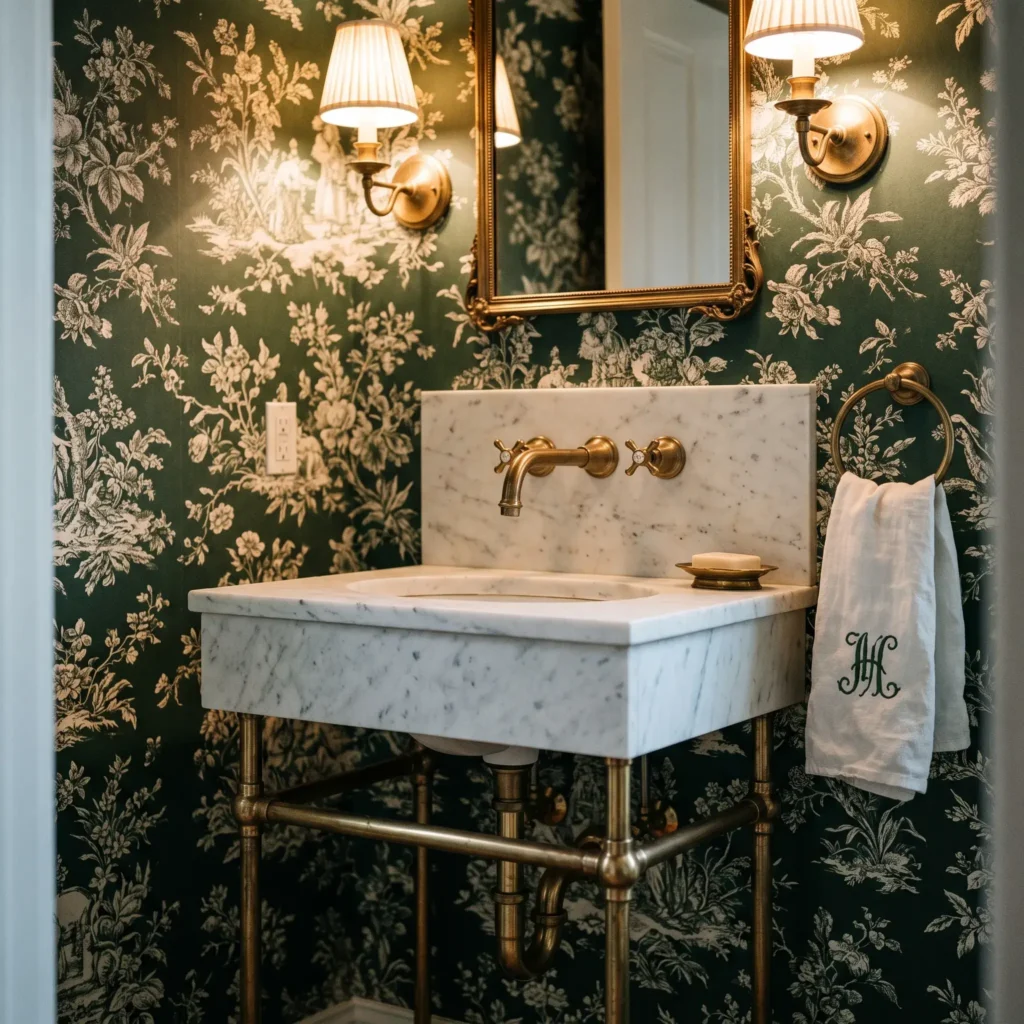 Powder room with green pastoral toile wallpaper, white marble vanity, and an unlacquered brass wall-mounted faucet.