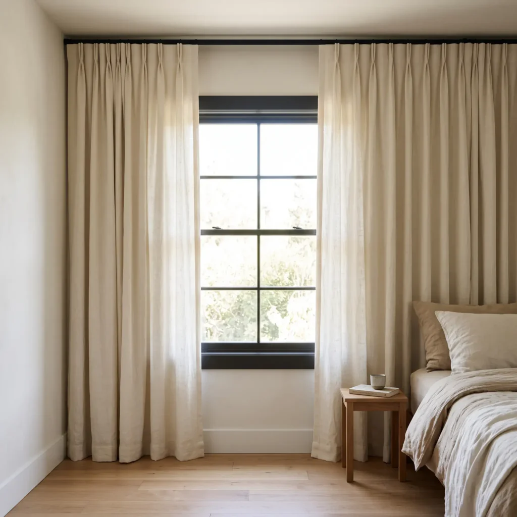 Floor-to-ceiling cream linen drapery hung wide above the window frame to make small bedroom walls look taller.