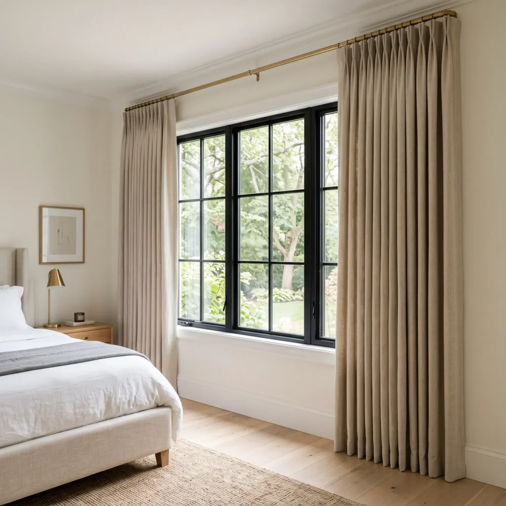 Floor-to-ceiling oatmeal linen pinch pleat curtains hung high and wide on a brass rod next to a window.