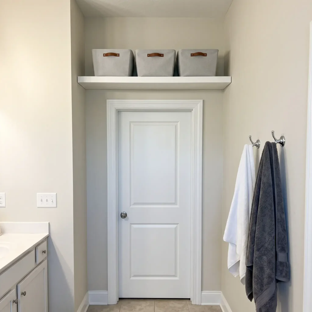 Deep wooden storage shelf mounted above a bathroom doorway holding fabric storage bins.