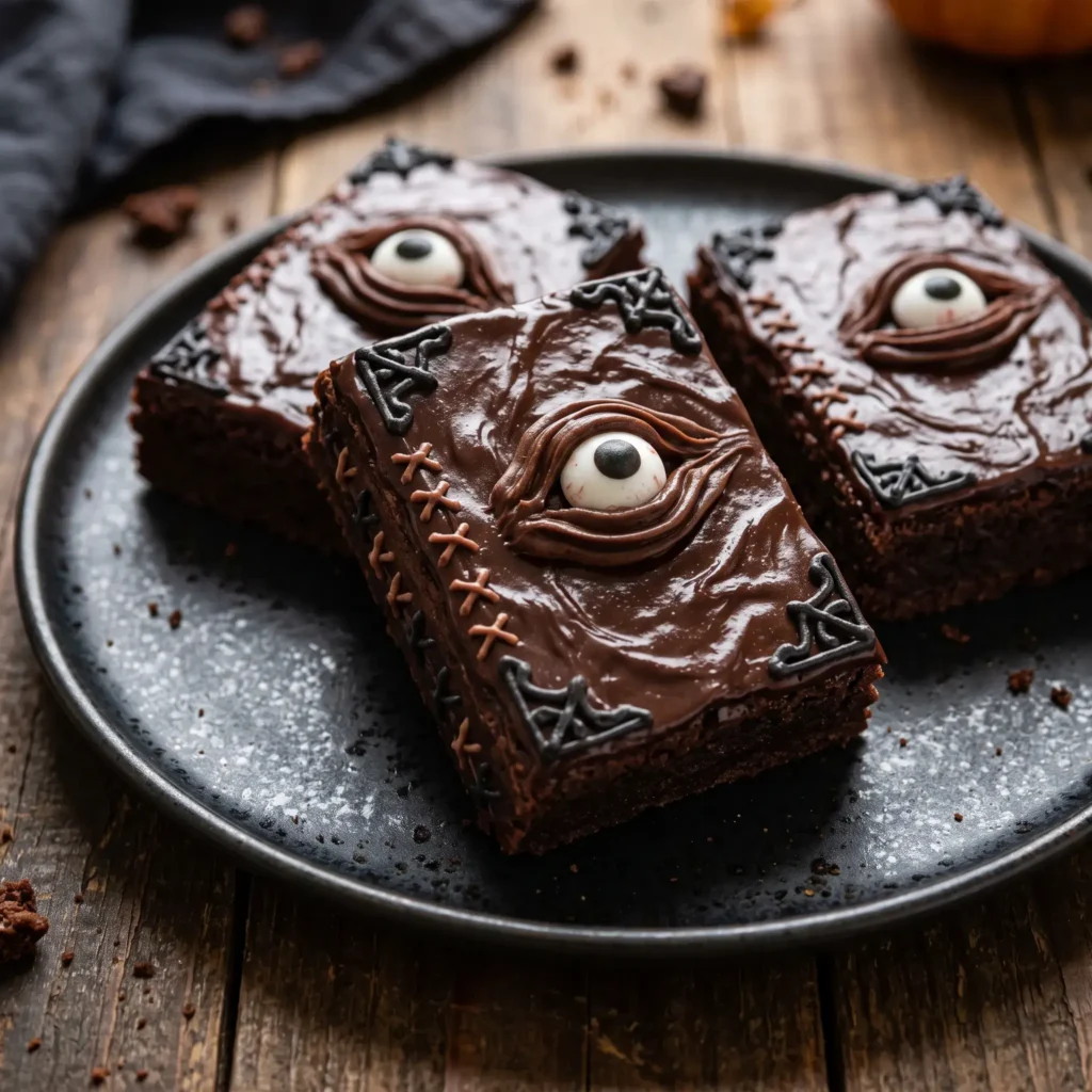 Rectangular fudge spellbook brownies with piped black stitches and a candy eyeball center.