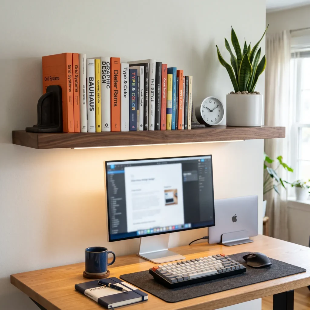 Walnut floating shelves above a home office desk supporting reference books between metal bookends and a task lamp.