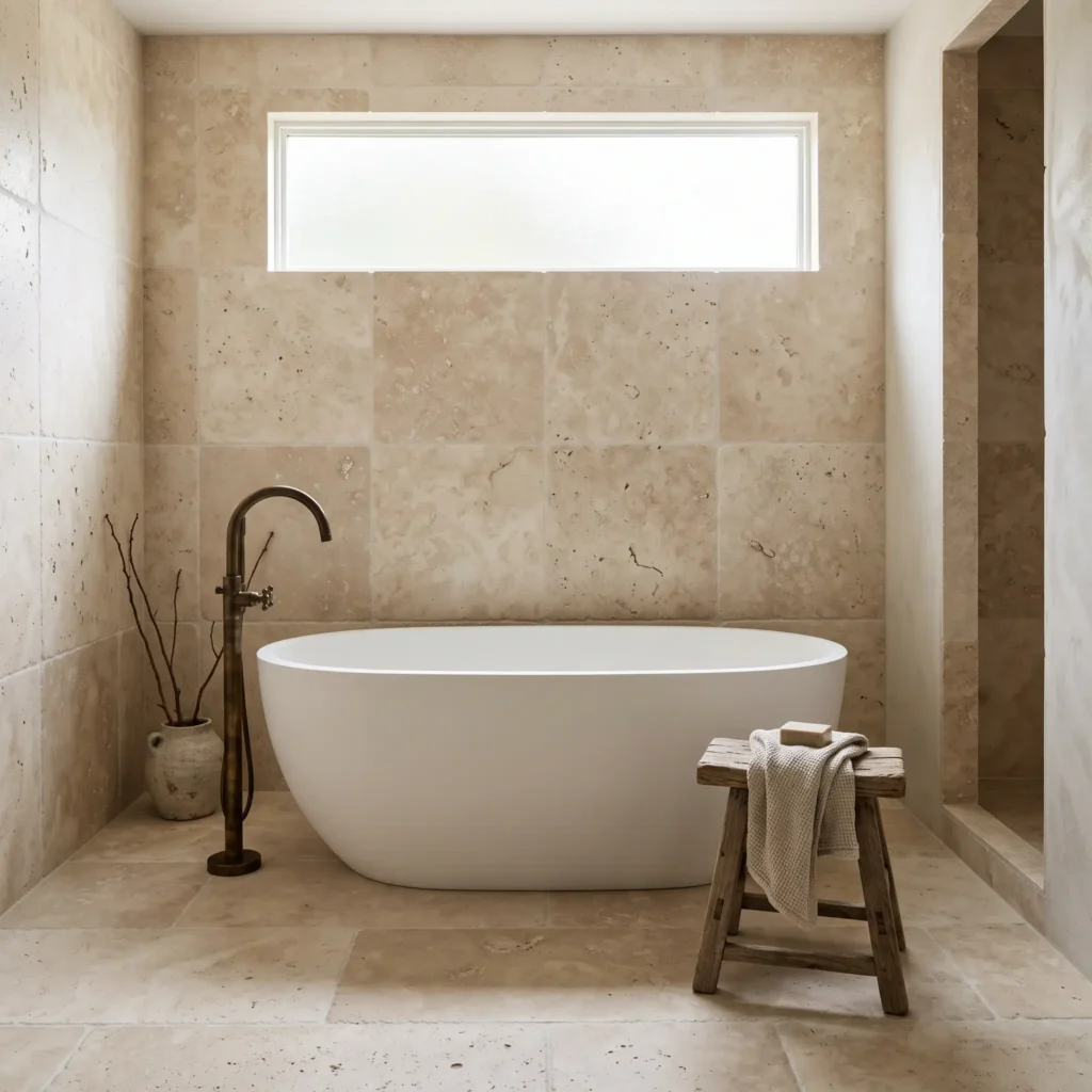 Honed cream travertine wall and floor tiles in a spa-like master bathroom with freestanding soaking tub
