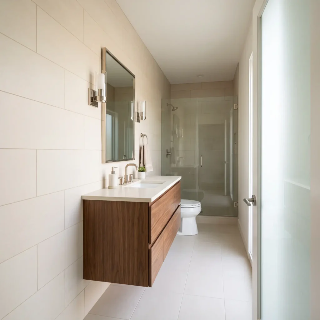 Narrow bathroom with warm cream horizontal tiles installed in a 33 percent running bond to widen the room.