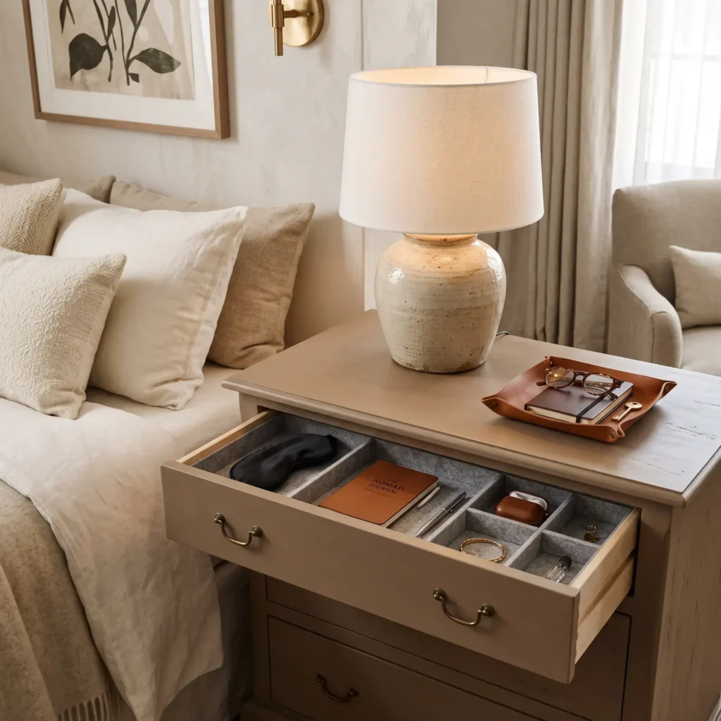 Elegant two-drawer nightstand with a linen shade lamp, leather valet dish, and completely clutter-free surface.