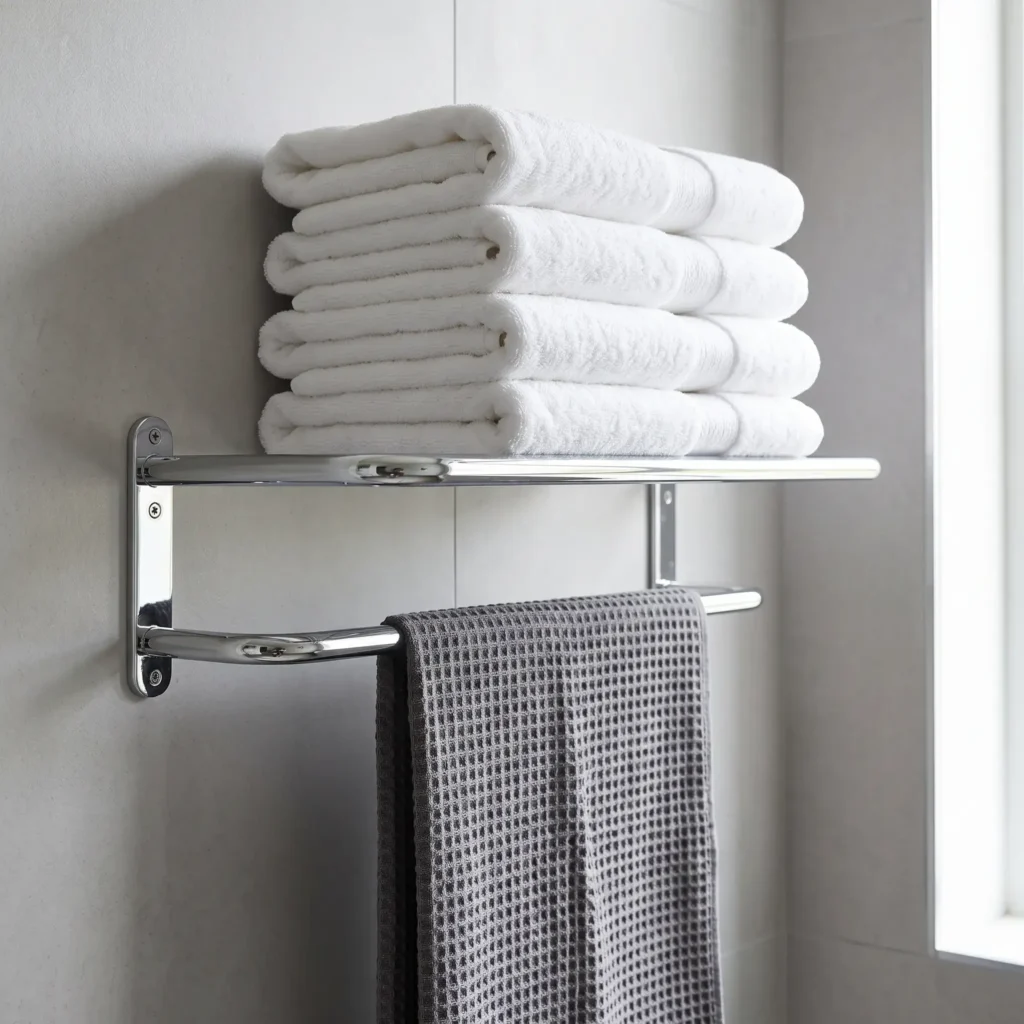 Polished chrome hotel towel rack with top shelf storage and lower hanging towel bar.