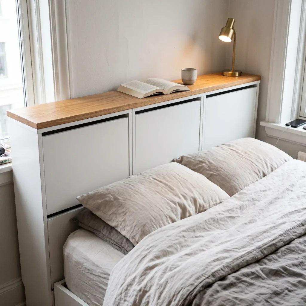 Three white shallow tilt-out cabinets topped with a solid oak board serving as a storage headboard.