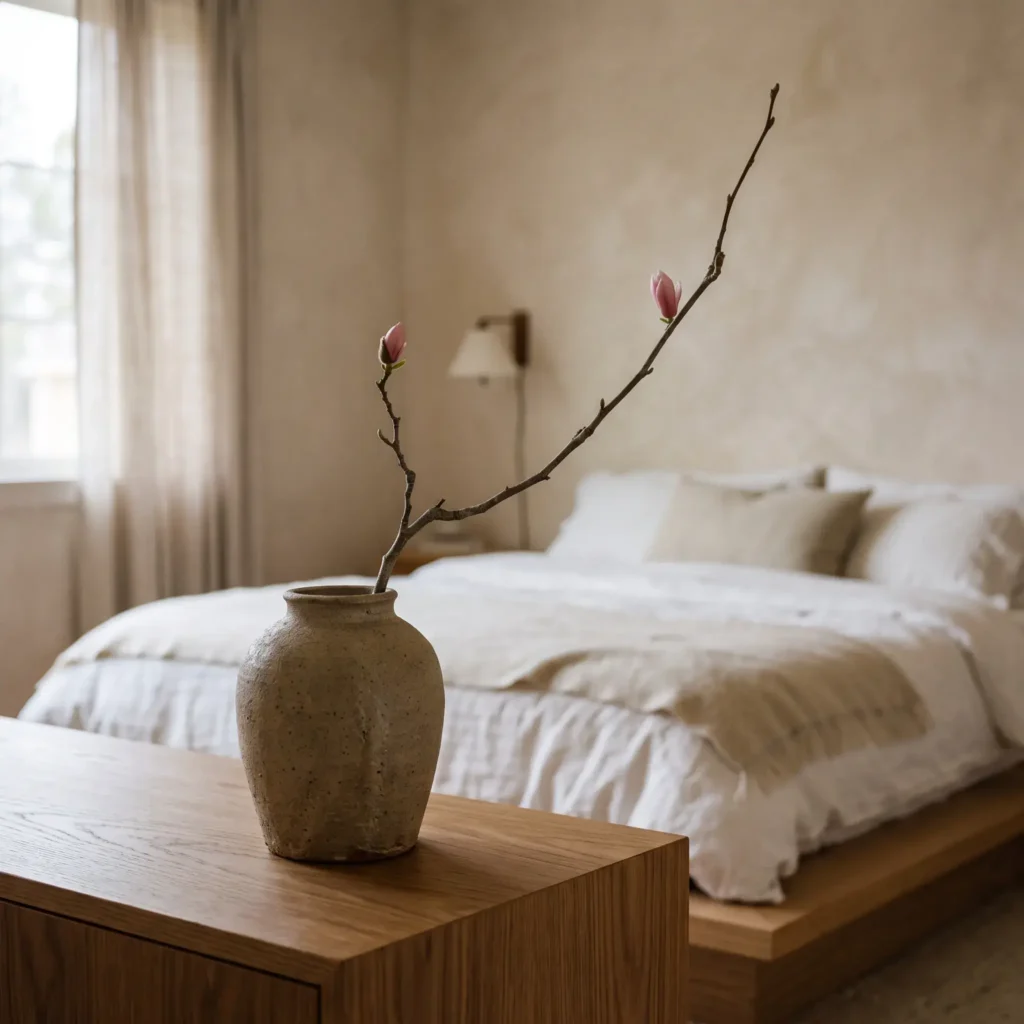 Minimalist ikebana branch styling in an unglazed ceramic vase displayed on a low ash credenza.