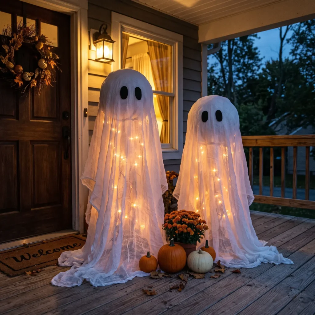 Two lighted DIY fabric ghosts glowing with warm lights on a front porch beside the entryway.