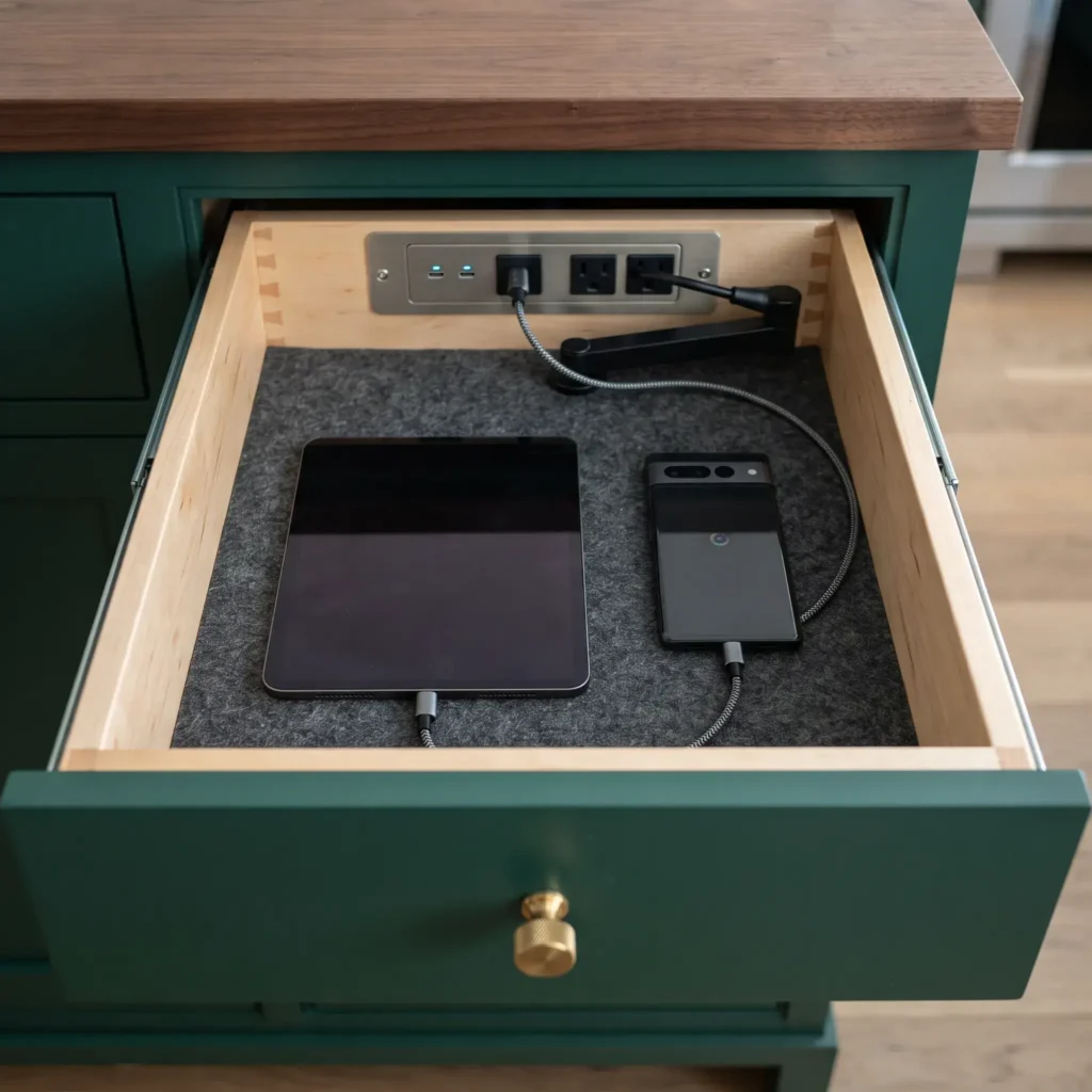 Open kitchen cabinet drawer with integrated power outlet charging phones and tablets with cable management.