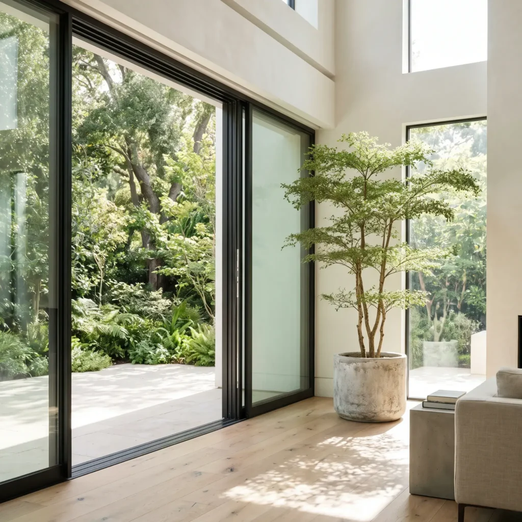 Modern open-plan living room featuring a tall specimen tree in a stone planter next to floor-to-ceiling glass doors.