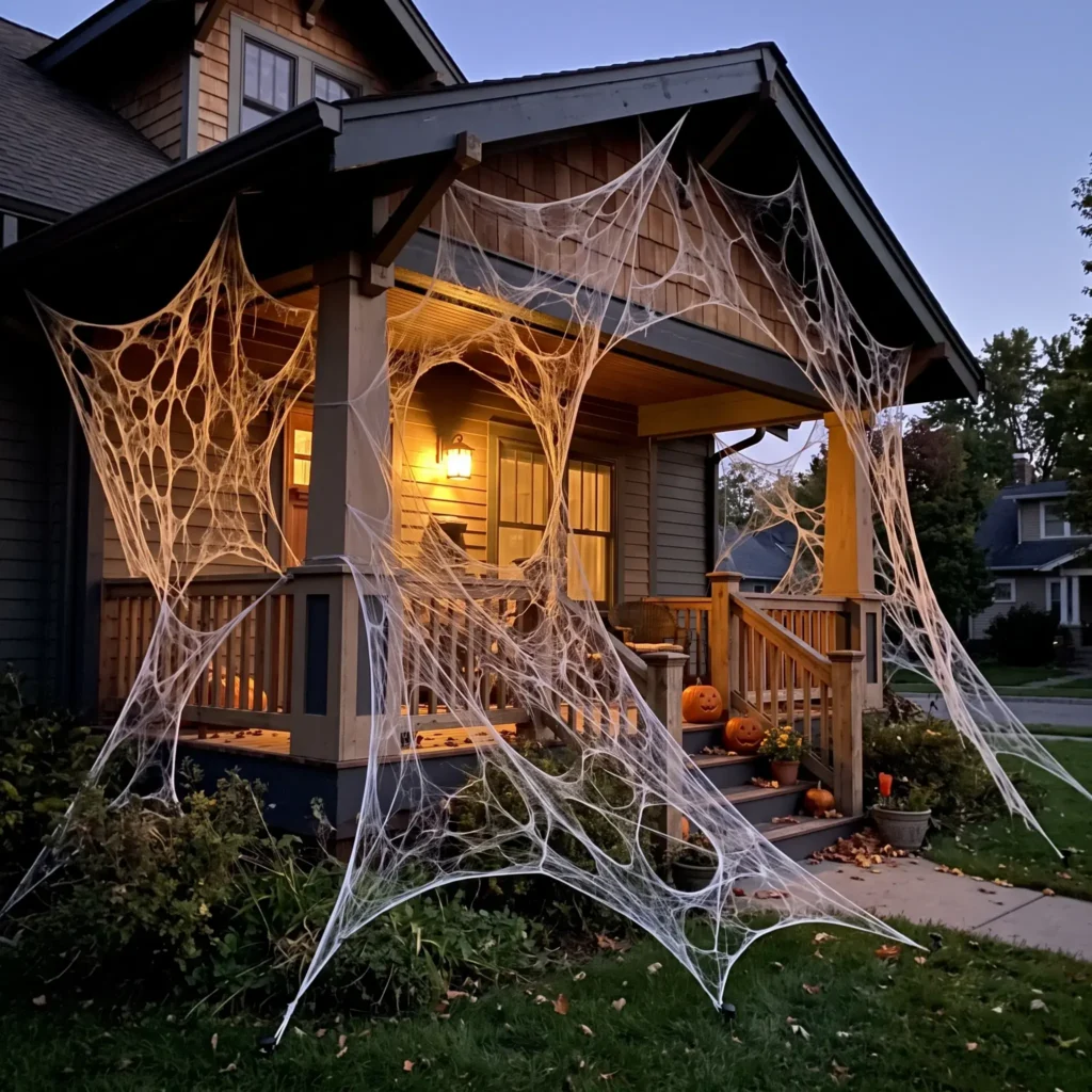 Large realistic spiderweb made from stretched beef netting covering a suburban front porch.