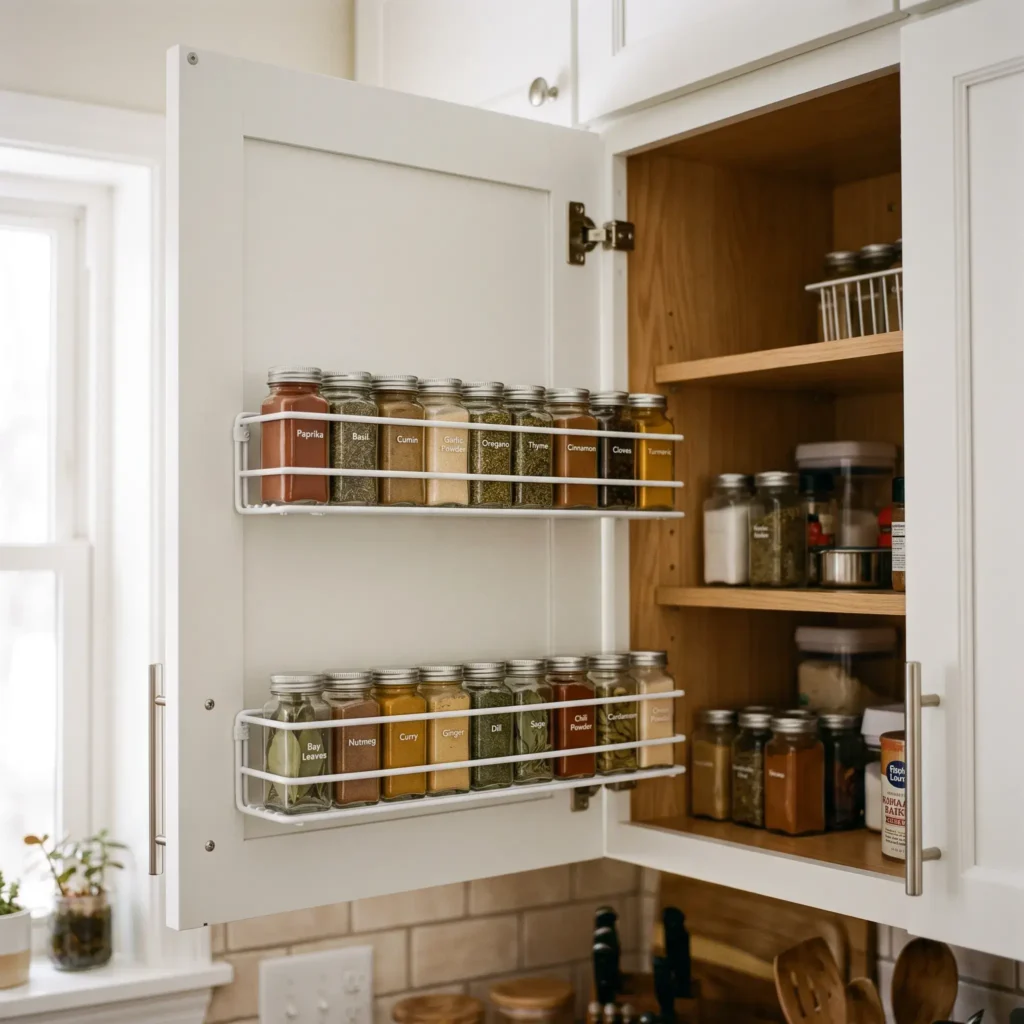 Lightweight spice storage racks mounted to the interior face of an apartment cabinet door using adhesive strips.